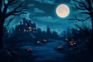 Halloween night background with spooky pumpkins, a haunted house, and dark trees. Halloween concept illustration design. Cartoon vector illustration for a Halloween party invitation or poster. Space f