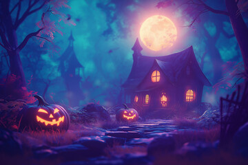 Halloween night background with spooky pumpkins, a haunted house, and dark trees. Halloween concept illustration design. Cartoon vector illustration for a Halloween party invitation or poster. Space f