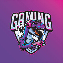 Vector Illustration of Dinosaur Wearing Headphone Playing Joystick with Esport Style Illustration Available for Logo Badge