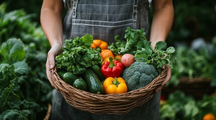 Fototapeta premium Farmer Holding Basket of Fresh Vegetables