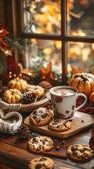 Naklejka premium Cozy autumn still life with cup of cocoa and cookies
