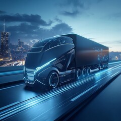 Fototapeta premium Futuristic Electric Truck on Urban Skyline Road