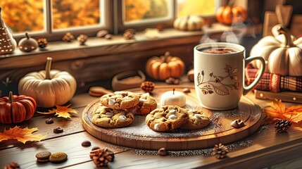 Fototapeta premium A cup of cocoa with cookies at Autumn