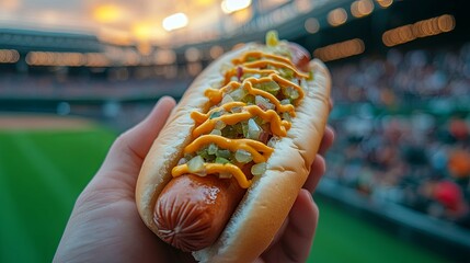 A Close-up View of a Mustard-Smothered Hot Dog at a Baseball Game
