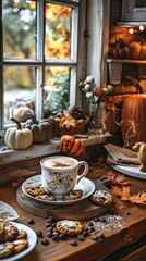 Fototapeta premium Cocoa and cookies on Autumn background