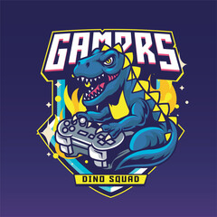 Vector Illustration of Dinosaur Playing Joystick with Esport Style Illustration Available for Logo Badge