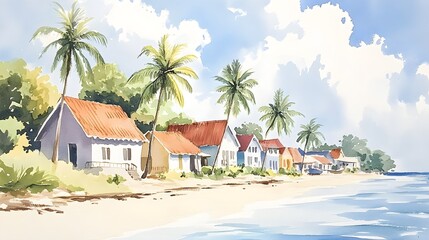 Fototapeta premium Coastal village alive with rainbow-colored buildings, palm trees dancing in the gentle breeze, watercolor strokes depicting a harmonious seaside paradise