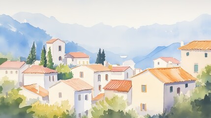 Obraz premium A coastal town with brightly colored houses, bathed in soft golden light as the sun sets, watercolor texture emphasizes the peaceful and nostalgic mood,