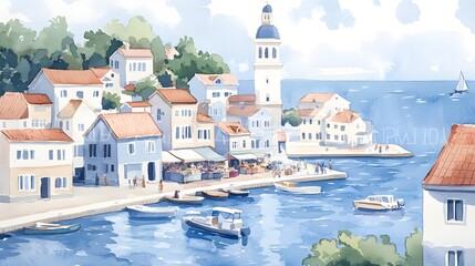 Obraz premium Coastal townscape, vivid houses, crowded fish market near the pier, intricate boats, serene ocean backdrop, a mix of watercolor and oil painting