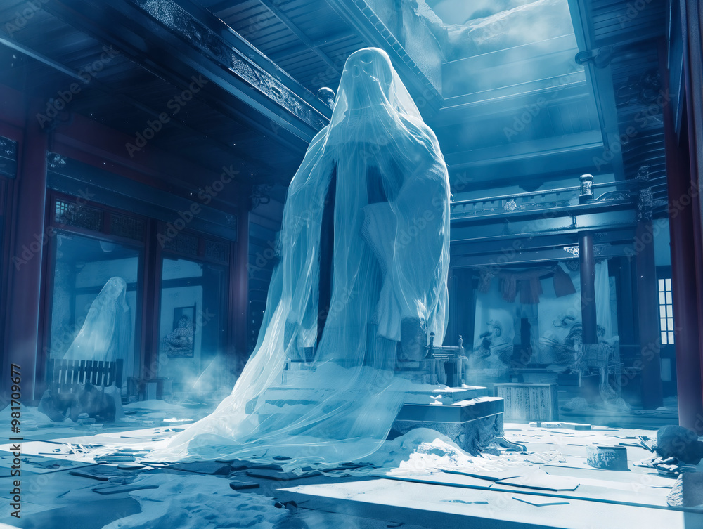 Poster A woman in a white dress is standing in front of a statue. The statue is covered in a white sheet, giving it an eerie and ghostly appearance. The scene takes place in a dark, cold room