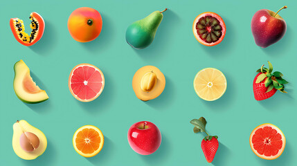 Flat lay of various colorful fruits on a teal background.