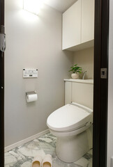 シャワートイレの施工例、収納庫の中にタンクを入れて「タンクレス」風に見せる。