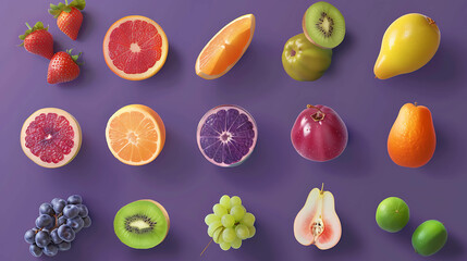 An assortment of colorful fruits against a purple background.