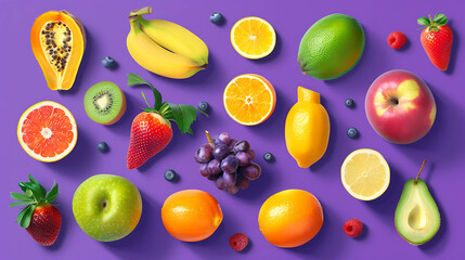 Flat lay of various fresh fruits arranged on a purple background.