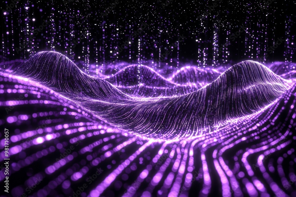 Aufkleber a striking arrangement of tiny purple dots scattered across a black canvas, connected by luminous li