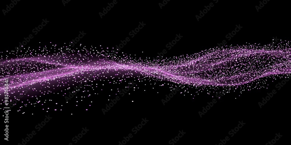 Poster a stunning flow of purple particles clusters into a wave, emitting a soft glow against a deep black 