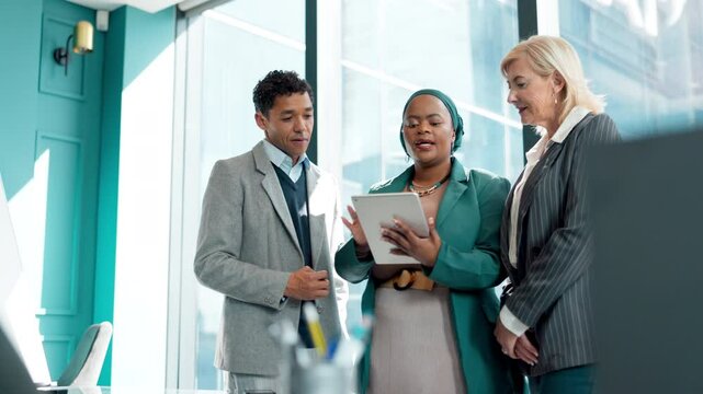 Business people, tablet and conversation in office with public relations work and project management. Collaboration, data review and meeting with planning for press release on company brand on app