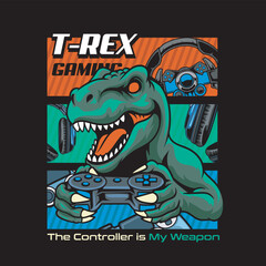 Vector Illustration of Dinosaur Playing Joystick with Gaming Wheel and Headphones in Esport Style Illustration Available for Tshirt Design