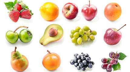 A variety of fresh fruits, isolated on a white background.