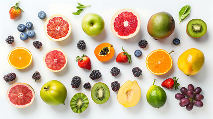 A variety of fresh fruits arranged in rows on a white surface.