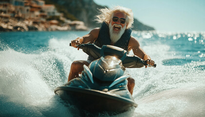 A joyful, fit old man in black glasses drives a jet ski, splashing water with his hair blowing in the wind.
