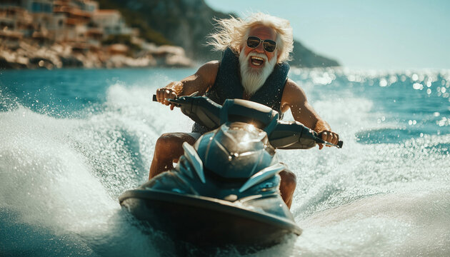 A joyful, fit old man in black glasses drives a jet ski, splashing water with his hair blowing in the wind.