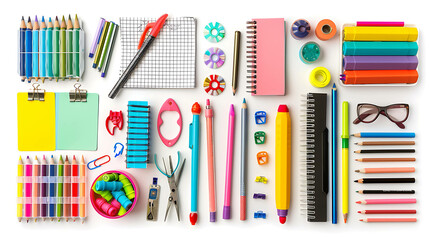 A flat lay of colorful school supplies on a white background.