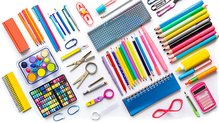 A flat lay of various school supplies on a white background.
