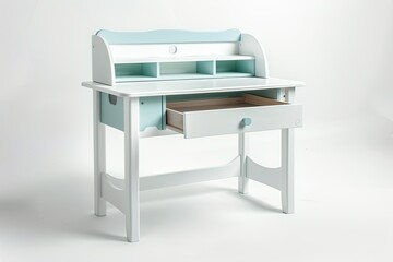 elegant white and light blue wooden kids study desk with bookshelf two tier isolated on white background 