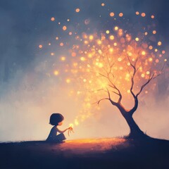A child sits beside a glowing tree, its branches illuminated by soft, golden lights. Perfect for children's books, sophrology, and storytelling.
