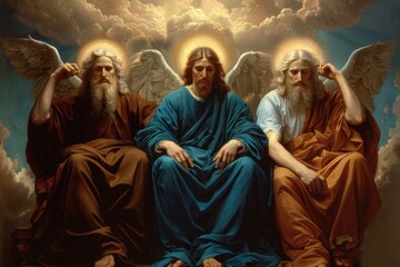 Fototapeta premium Divine illustration: icon of holy trinity, showing god the father, god the son, and god the holy spirit, symbolizing profound theological concept of triune godhead in a single sacred image.