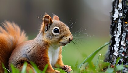 Curious Red Squirrel Among Grass by Birch Log