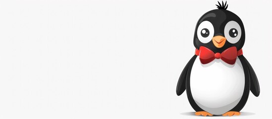 Naklejka premium Cute cartoon penguin character with a red bow tie smiling cheerfully on a winter or holiday background Playful friendly and adorable of the flightless arctic bird that can be used for logo