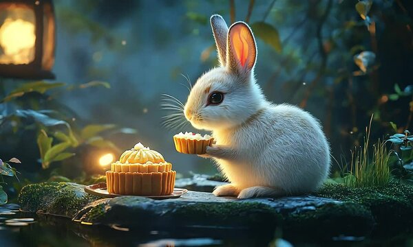 Cute rabbit eating mooncakes in magical forest with ai generated.
