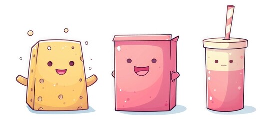 Adorable smiling cartoon of a cheese snack pink drink with straw and cardboard box packaging in a simple flat and minimalist graphic design style  Playful