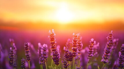 The sun setting over a lavender field, casting a serene glow over rows of vibrant purpleThe scene is peaceful, capturing the essence of tranquility