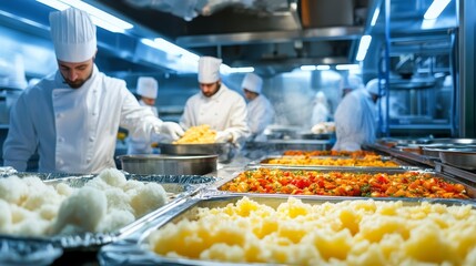 Chefs Preparing Food in Commercial Kitchen with Trays of Mashed Potatoes  Rice  and Tomatoes