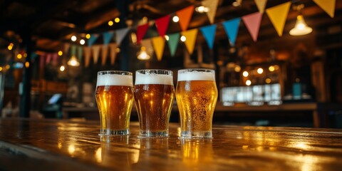 Cold beers on a wooden bar create a festive atmosphere in a lively pub adorned with colorful bunting during the evening