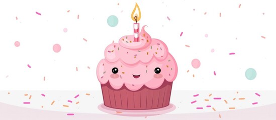 Vibrant pink birthday cupcake with a single lit candle surrounded by colorful confetti sprinkles creating a festive and celebratory dessert scene  The cupcake is topped with fluffy
