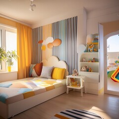 Painted accent wall with bold stripes for a playful and modern kids' room