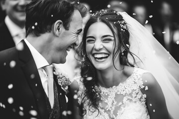 Joyful wedding celebration of a couple surrounded by loved ones at their outdoor ceremony in springtime
