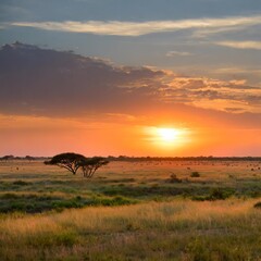 Vast Savannah Plains Under a Fiery Sunset, Home to Grazing Wildlife