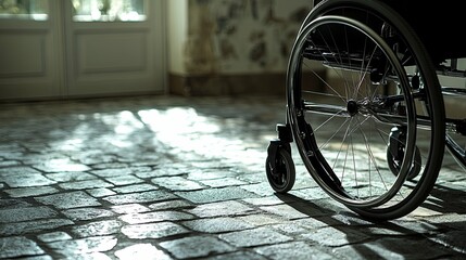 Wheelchair Wheel and Cobblestone Floor in Sunlight