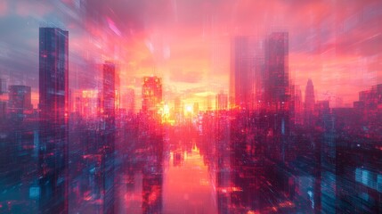Modern city at sunset, bustling streets with holographic projections, pink and orange sky reflected in glass buildings, digital watercolor with soft lighting