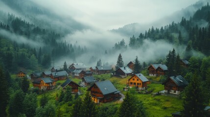 Fototapeta premium Aerial view of a fog-covered mountain village, rustic wooden houses scattered amidst lush green trees, soft pastel colors, misty morning, watercolor style