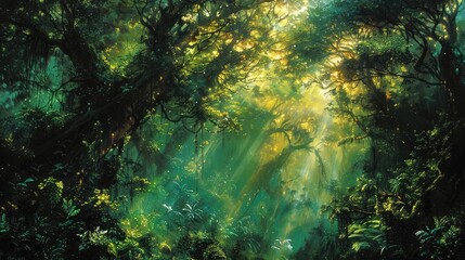 Obraz premium Stunning natural landscape of a lush verdant forest with a dense canopy of trees illuminated by streaming sunbeams filtering through the foliage creating a serene and tranquil atmosphere