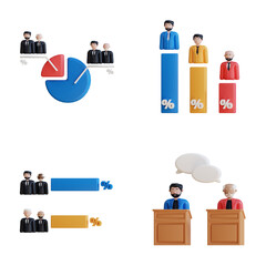 3D illustration of various politic election survey charts and graphs