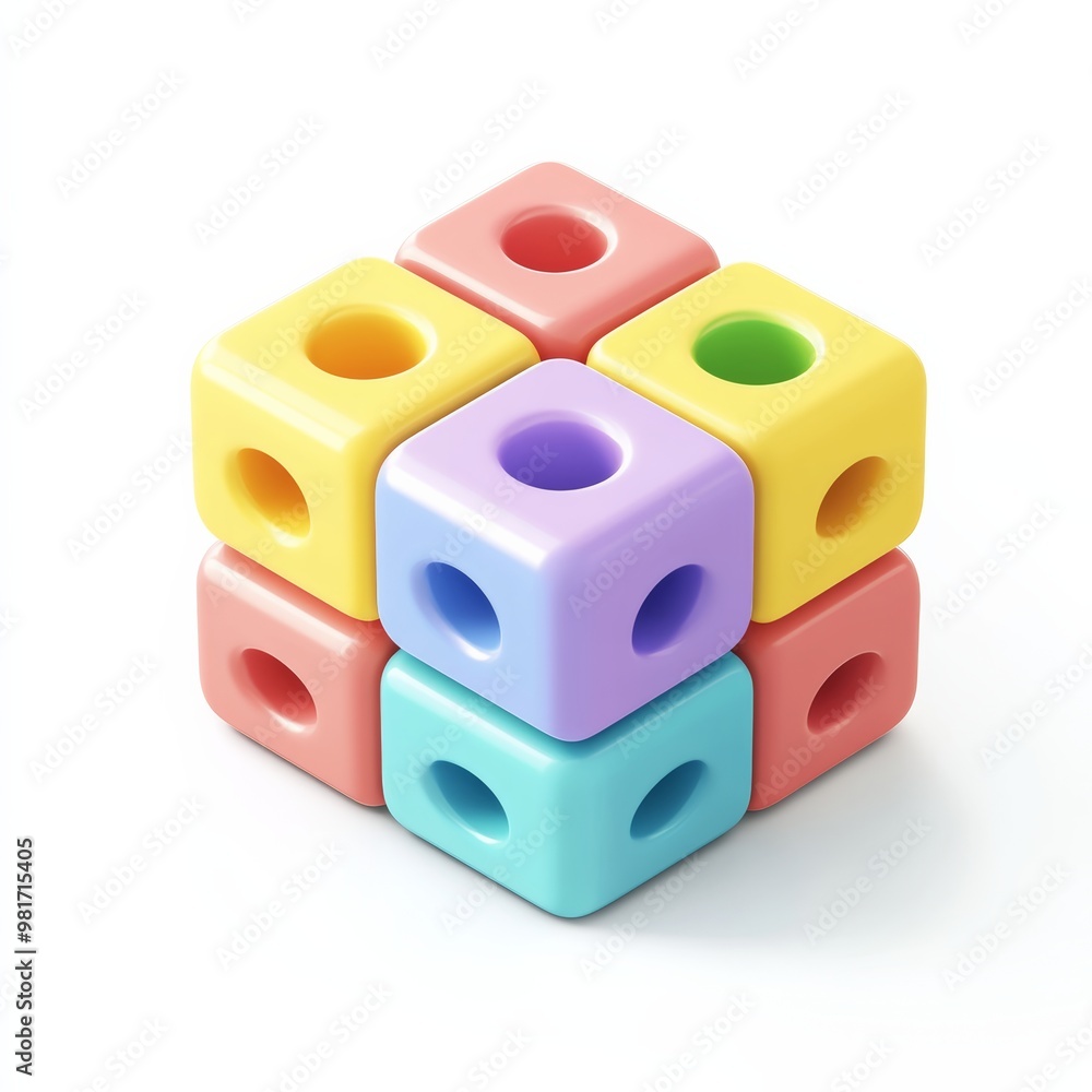 Poster a cute, isometric view of a toy cube with various bright colors and simple shapes, isolated on a whi