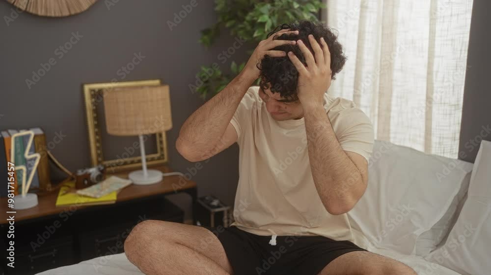 Sticker Headache and migraine, young hispanic man sitting on bed in pyjamas, suffering from stress and pain, with hands on head, depressed and ill in bedroom