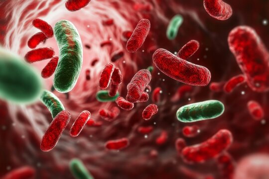 Pathogenic bacteria in the bloodstream with red blood cells illustrating the concept of septicemia or sepsis